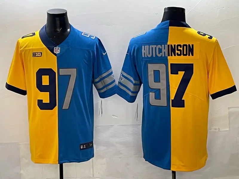 Men's  Detroit Lions #97 Aidan Hutchinson Yellow Blue Split Vapor Limited Stitched Jersey