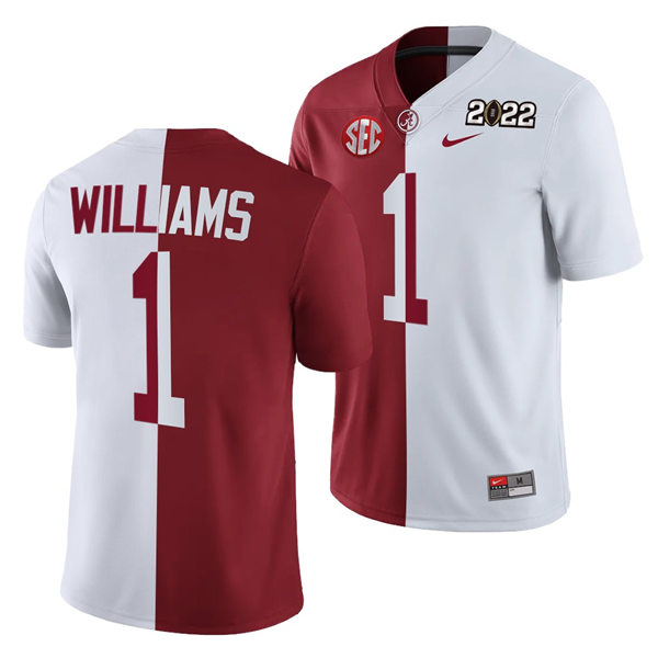 Men's Alabama Crimson Tide #1 Jameson Williams White Crimson Split Two-Tone Football Jerseys