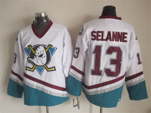 Men's Anaheim Ducks #13 Teemu Selanne White Throwback CCM Stitched Jersey