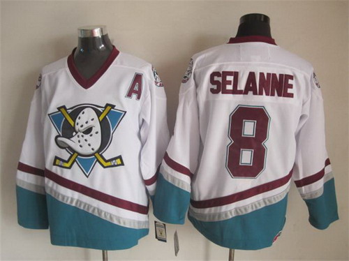 Men's Anaheim Ducks #8 Teemu Selanne White Throwback CCM Stitched Jersey