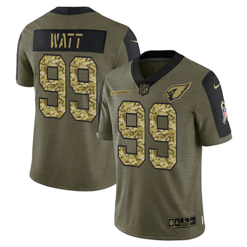 Men's Arizona Cardinals #99 J.J. Watt 2021 Olive Camo Salute To Service Limited Stitched Jersey