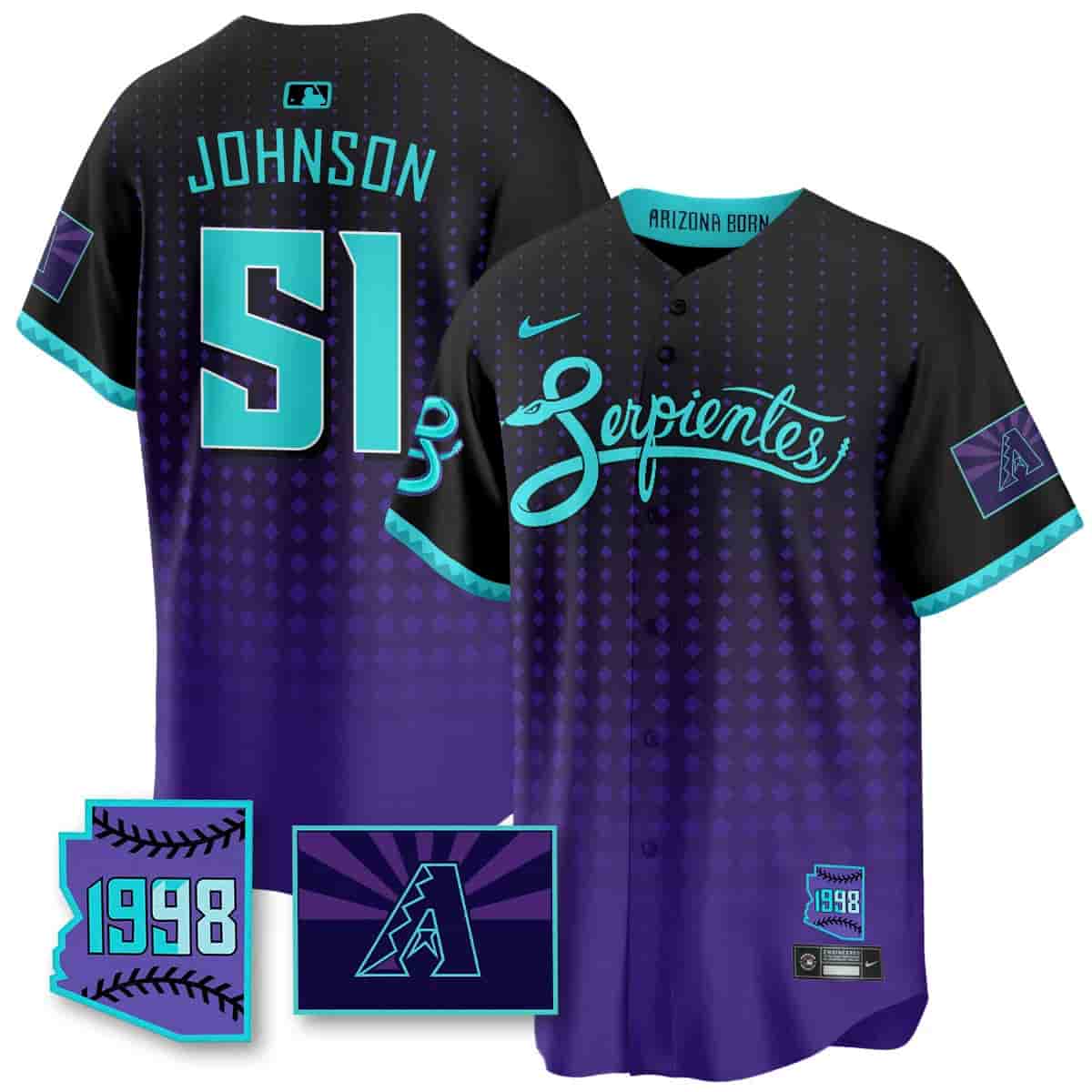 Men's Arizona Diamondbacks Purple for Second “Serpientes” City Connect Jersey - All Stitched Randy Johnson - 51