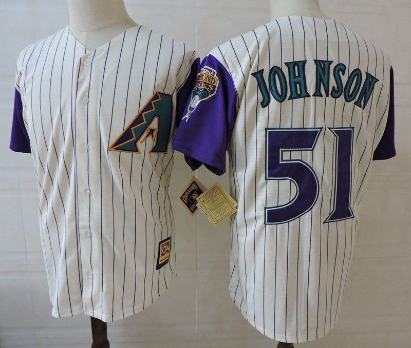 Men's Arizona Diamondbacks Retired Player #51 Randy Johnson Cream Purple Pinstripe Cooperstown