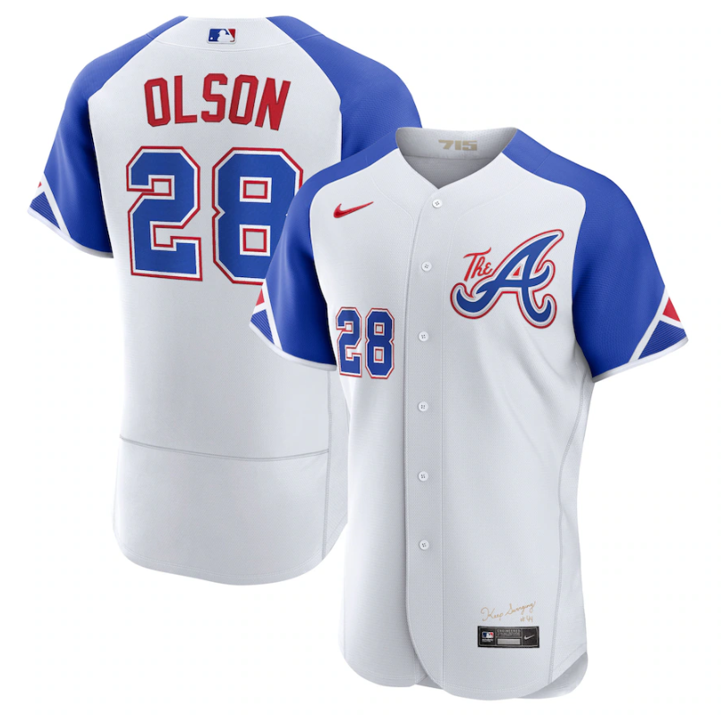 Men's Atlanta Braves #28 Matt Olson White 2023 City Connect Flex Base Stitched Jersey1
