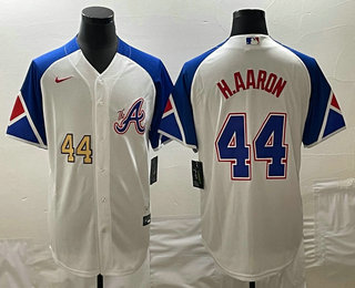 Men's Atlanta Braves #44 Hank Aaron Number White 2023 City Connect Cool Base Stitched Jerseys1