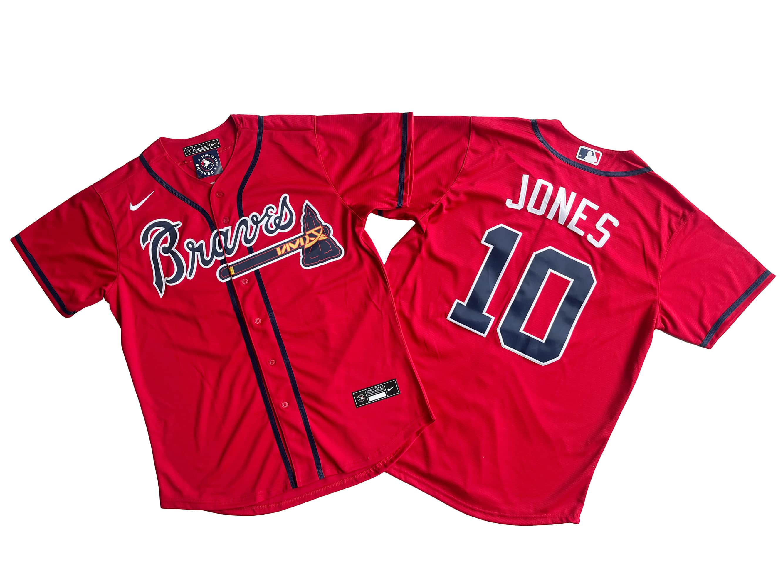 Men's Atlanta Braves 10# Chipper Jones Nike Red Home Replica Player Name Jersey.