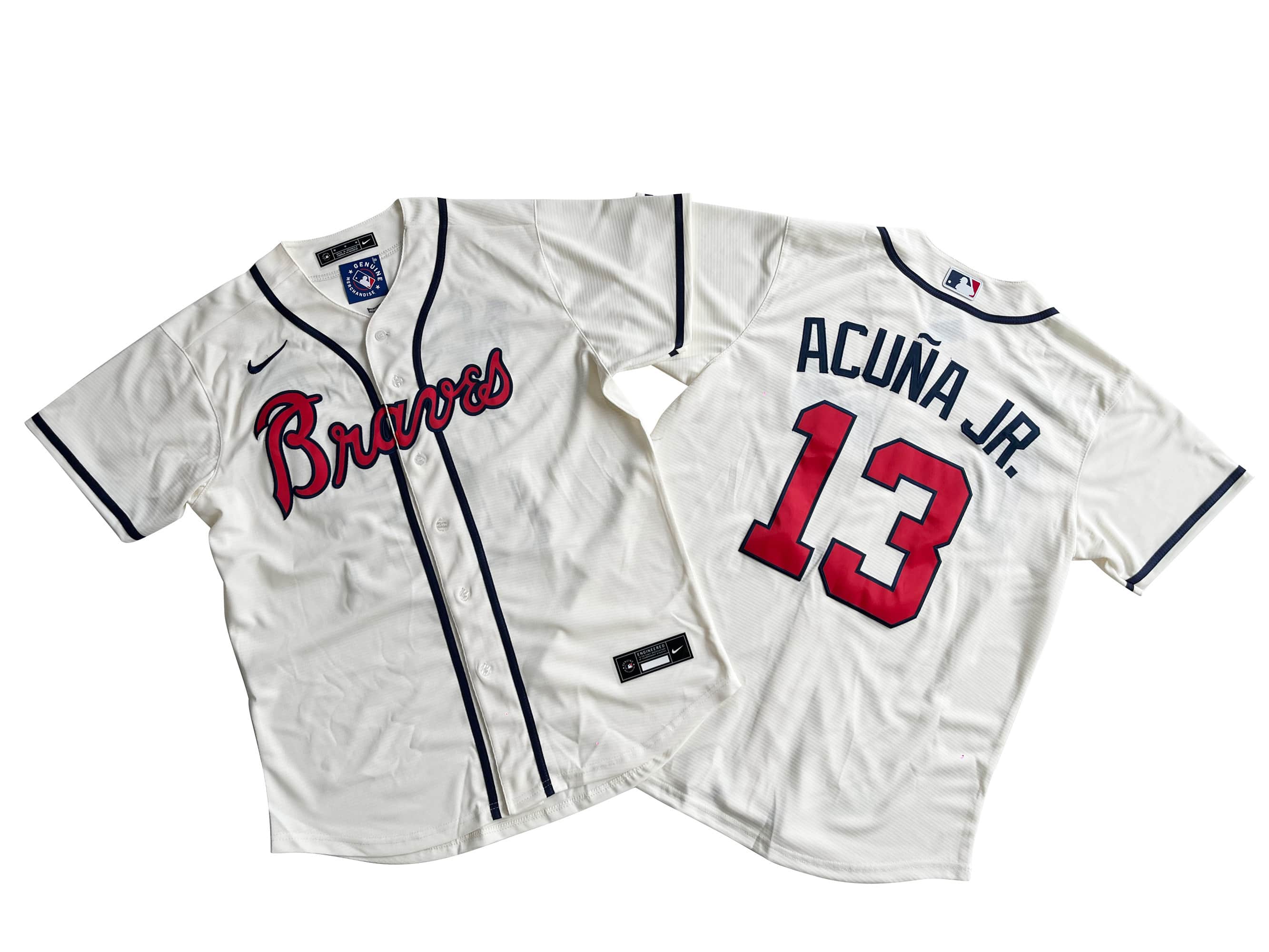 Men's Atlanta Braves 13# Ronald Acuna Jr. Nike Cream Home Replica Player Name Jersey.