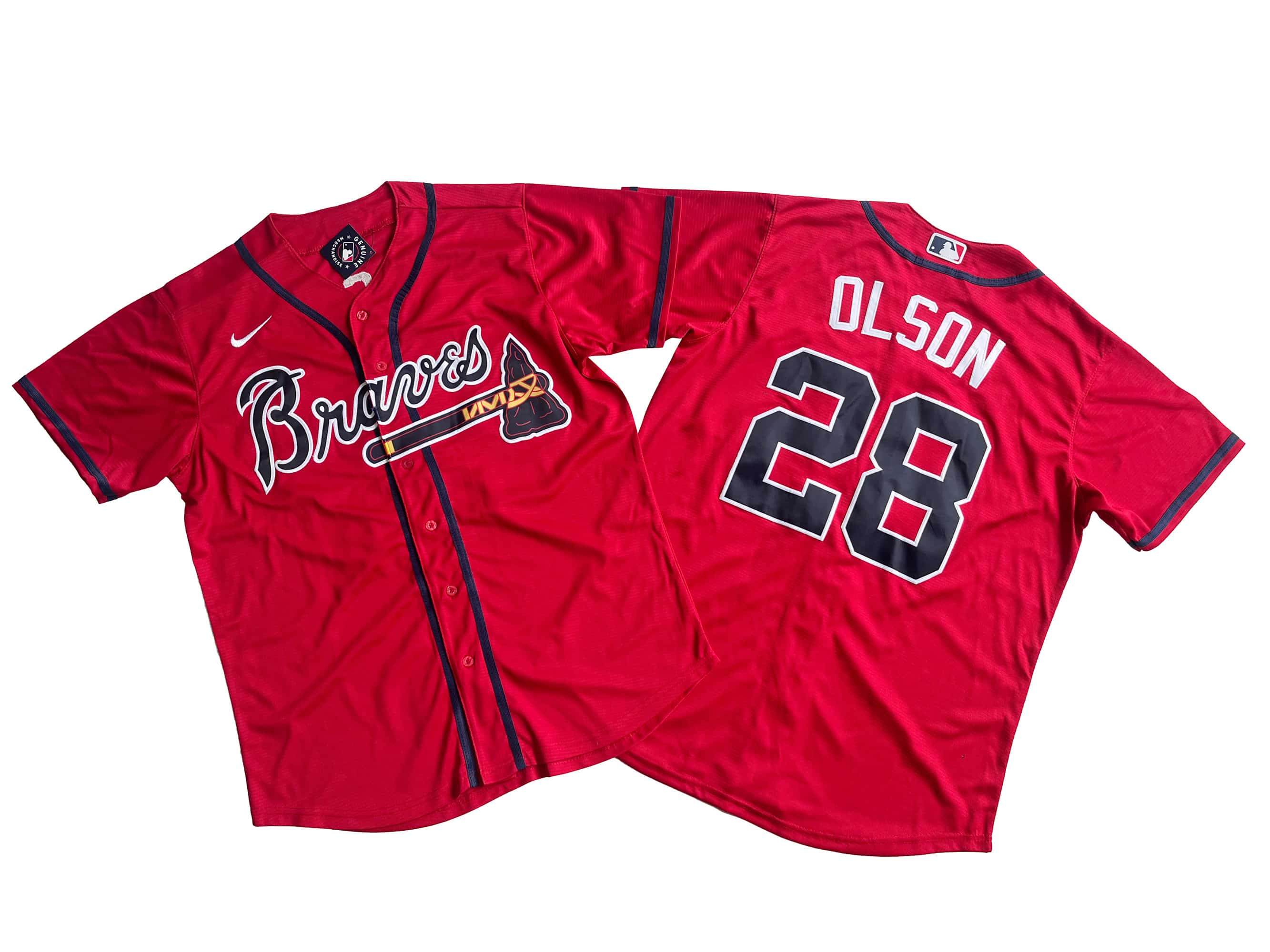 Men's Atlanta Braves 28# Matt Olson Nike Red Home Replica Player Name Jersey.