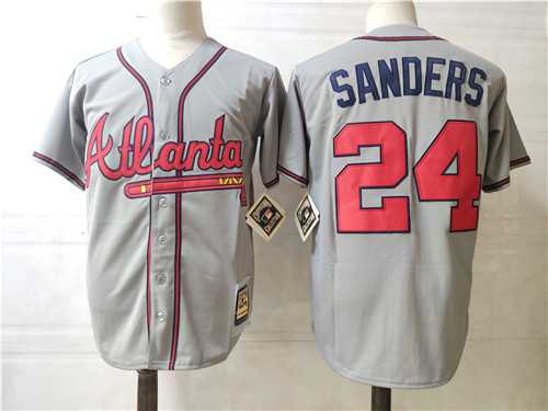 Men's Atlanta Braves Retired Player #24 Deion Sanders Grey Away Cooperstown Throwback Jerseys