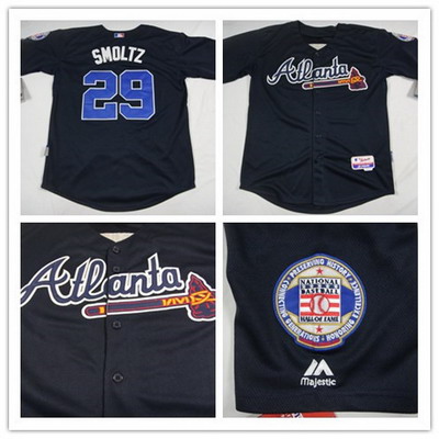 Men's Atlanta Braves Throwback Player #29 John Smoltz Alternate Navy Blue Cool Base Jersey w Hall Of