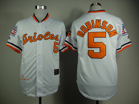 Men's Baltimore Orioles #5 Brooks Robinson 1970 White Throwback Jerseys with Hall Of Fame Patch