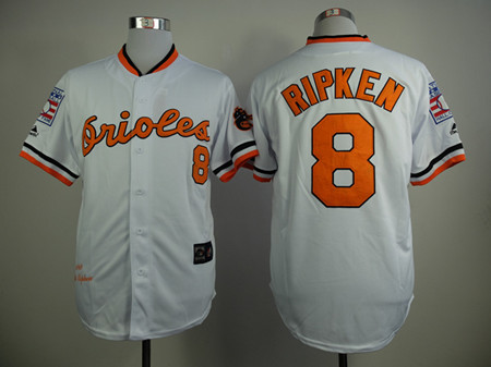Men's Baltimore Orioles #8 Cal Ripken 1970 White Throwback Jerseys with Hall Of Fame Patch