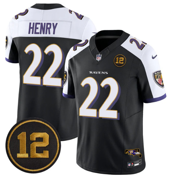 Men's Baltimore Ravens #22 Derrick Henry Black Alternate 2025 F.U.S.E Jacoby Jones Patch Vapor Limited Football Jersey