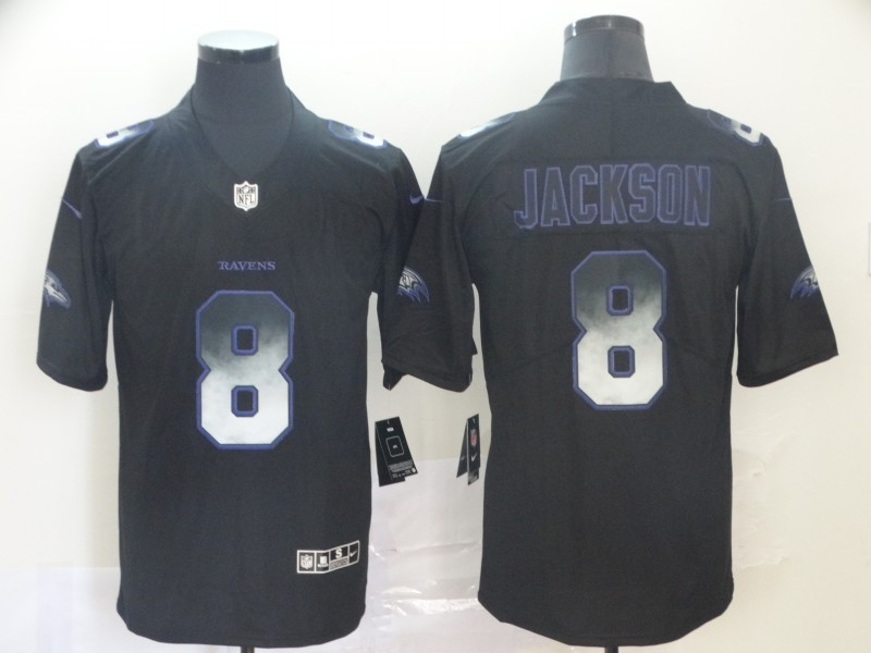 Men's Baltimore Ravens #8 Lamar Jackson NFL TEAMS Black Smoke Fashion Limited Stitched Jersey