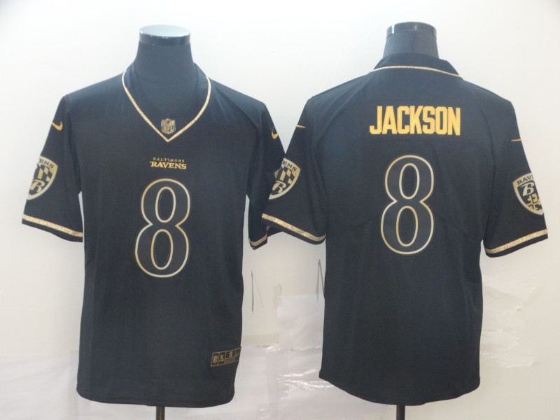 Men's Baltimore Ravens #8 Lamar Jackson NFL Vapor Limited Black Golden Stitched Jersey
