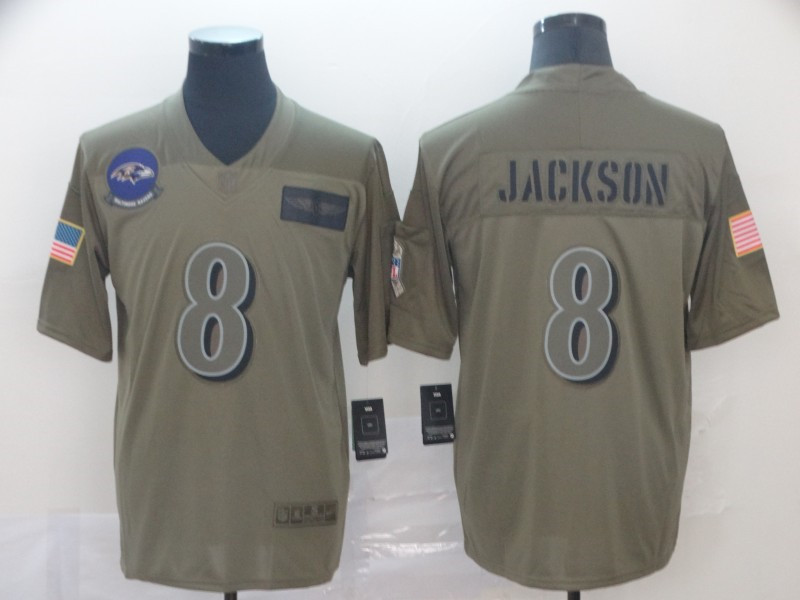 Men's Baltimore Ravens #8 Lamar Jackson Nike Olive 2019 Salute to Service Game Stitched Jersey