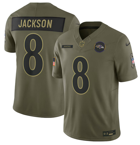 Men's Baltimore Ravens #8 Lamar Jackson Olive 2025 Salute to Service Limited Football Stitched Jersey