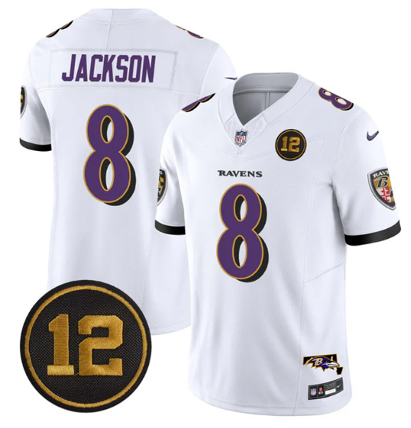 Men's Baltimore Ravens #8 Lamar Jackson White 2025 F.U.S.E Jacoby Jones Patch Vapor Limited Football Jersey