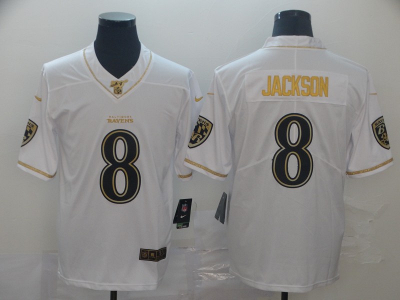 Men's Baltimore Ravens #8 Lamar Jackson White Gold Retro Football Stitched Jersey