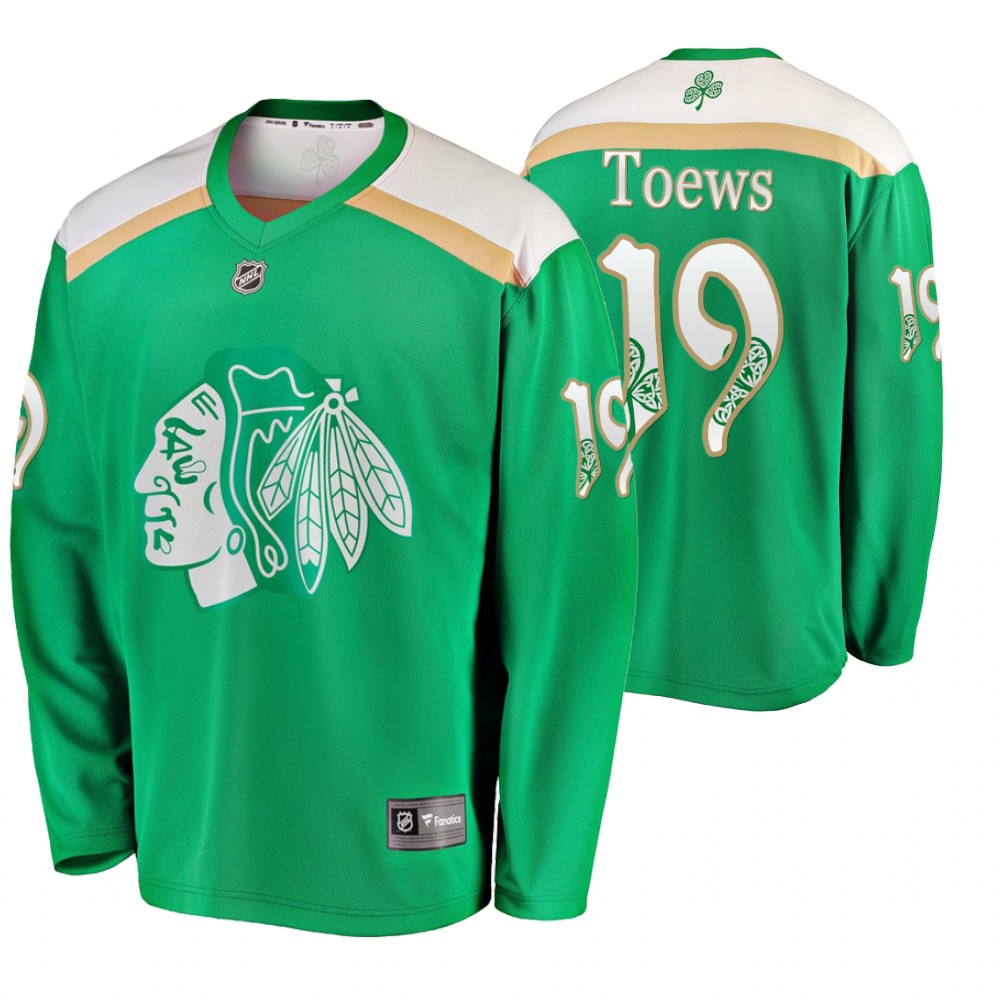 Men's Blackhawks #19 Jonathan Toews Replica St. Patrick's Day Jersey Green