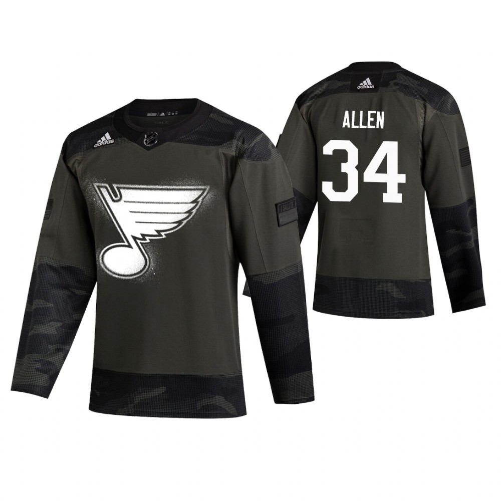 Men's Blues #34 Jake Allen Authentic 2019 Veterans Day Jersey Camo