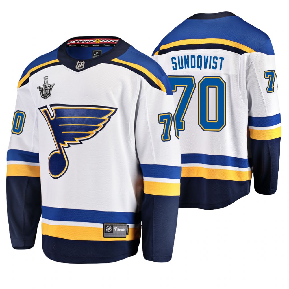 Men's Blues #70 Oskar Sundqvist Stanley Cup Playoffs Away Jersey