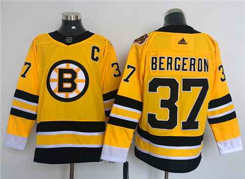 Men's Boston Bruin #37 Patrice Bergeron Yellow 2021 adidas NHL REVERSE RETRO Stitched JERSEYS