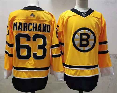 Men's Boston Bruin #63 Brad Marchand Yellow 2021 adidas NHL REVERSE RETRO Stitched JERSEYS