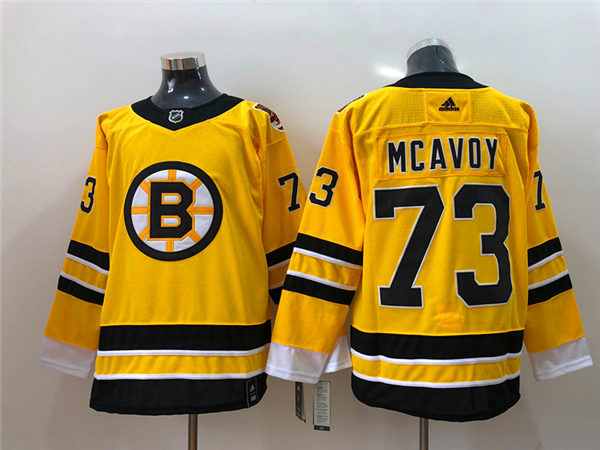 Men's Boston Bruin #73 Charlie McAvoy Yellow 2021 adidas NHL REVERSE RETRO JERSEYS Stitched