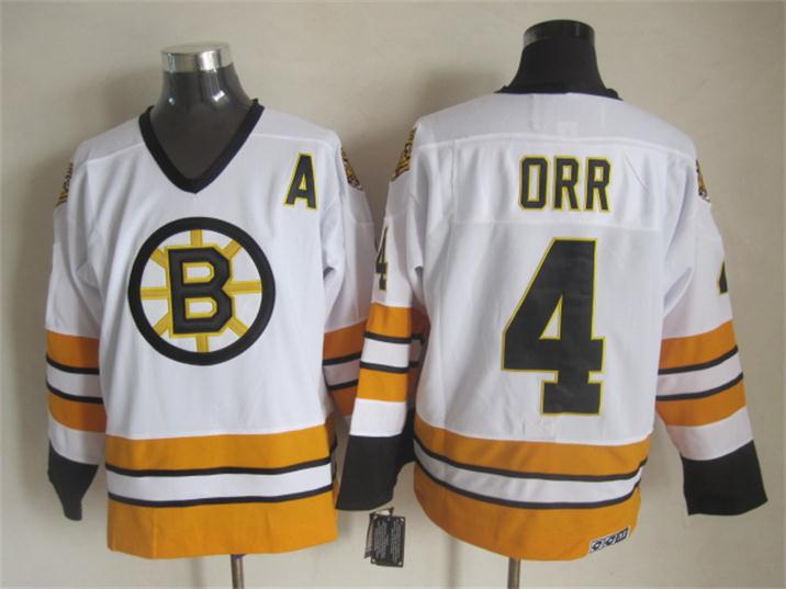 Men's Boston Bruins #4 Bobby Orr 1975 CCM Vintage Throwback White NHL Hockey Stitched Jersey