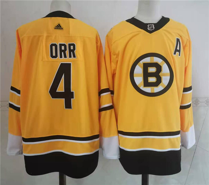 Men's Boston Bruins Retired Player #4 Bobby Orr Yellow 2021 adidas NHL REVERSE RETRO Stitched JERSEYS