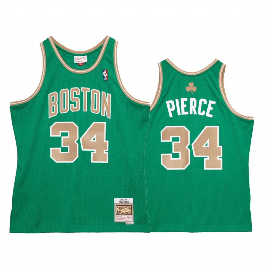 Men's Boston Celtics #34 Paul Pierce Green Gold Mitchell & Ness Hardwood Classics 2007-08 St Patricks