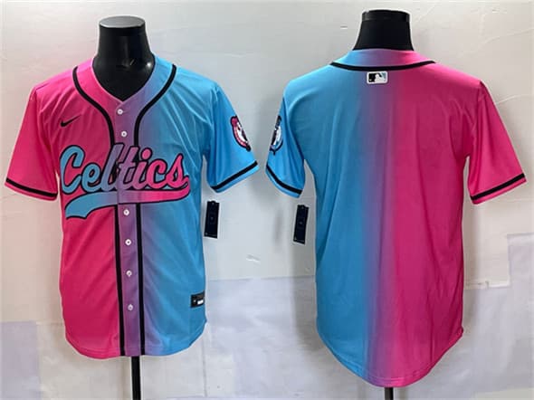 Men's Boston Celtics Blank Pink Blue Limited Stitched Baseball Jersey