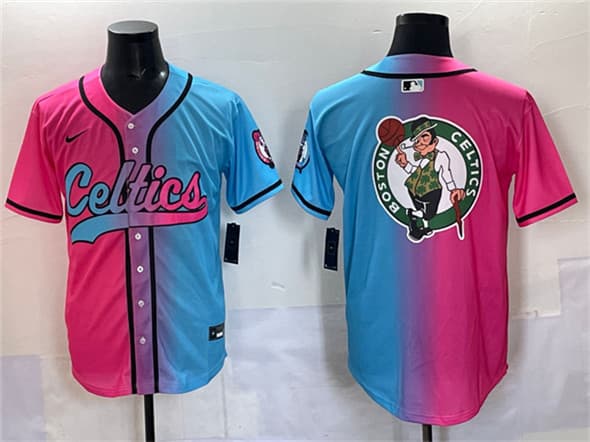 Men's Boston Celtics Team Big Logo Pink Blue Limited Stitched Baseball Jersey