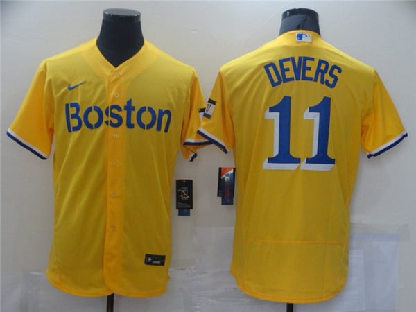 Men's Boston Red Sox #11 Rafael Devers Yellow With Name 2021 Nike MLB City Connect Jerseys