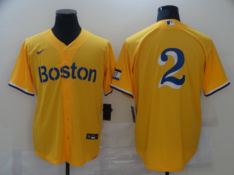 Men's Boston Red Sox #2 Xander Bogaerts Yellow 2021 Nike MLB City Connect Jerseys