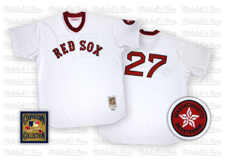 Men's Boston Red Sox #27 Carlton Fisk 1975 White Throwback Jerseys