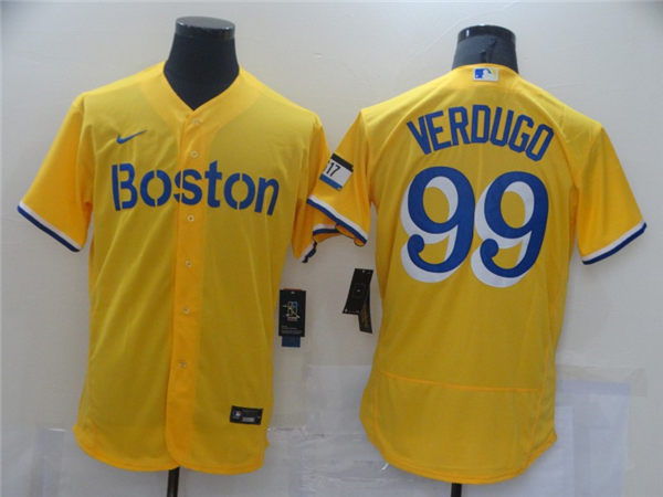 Men's Boston Red Sox #99 Alex Verdugo Yellow With Name 2021 Nike MLB City Connect Jerseys