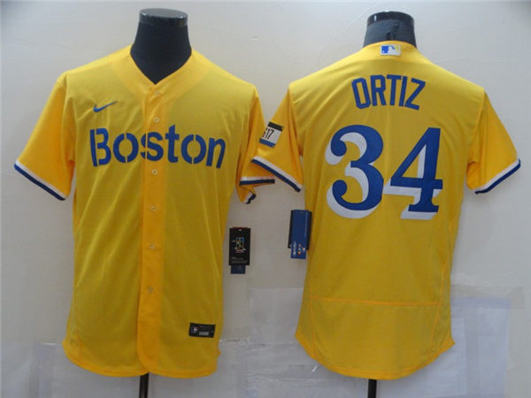Men's Boston Red Sox Retired Player #34 David Ortiz Yellow With Name 2021 Nike MLB City Connect