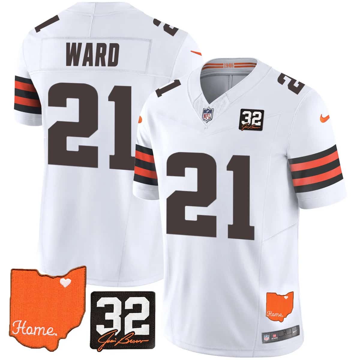 Men's Browns #32 Jim Brown Memorial & Home Patch Vapor Limited Jersey - All Stitched Denzel Ward   21
