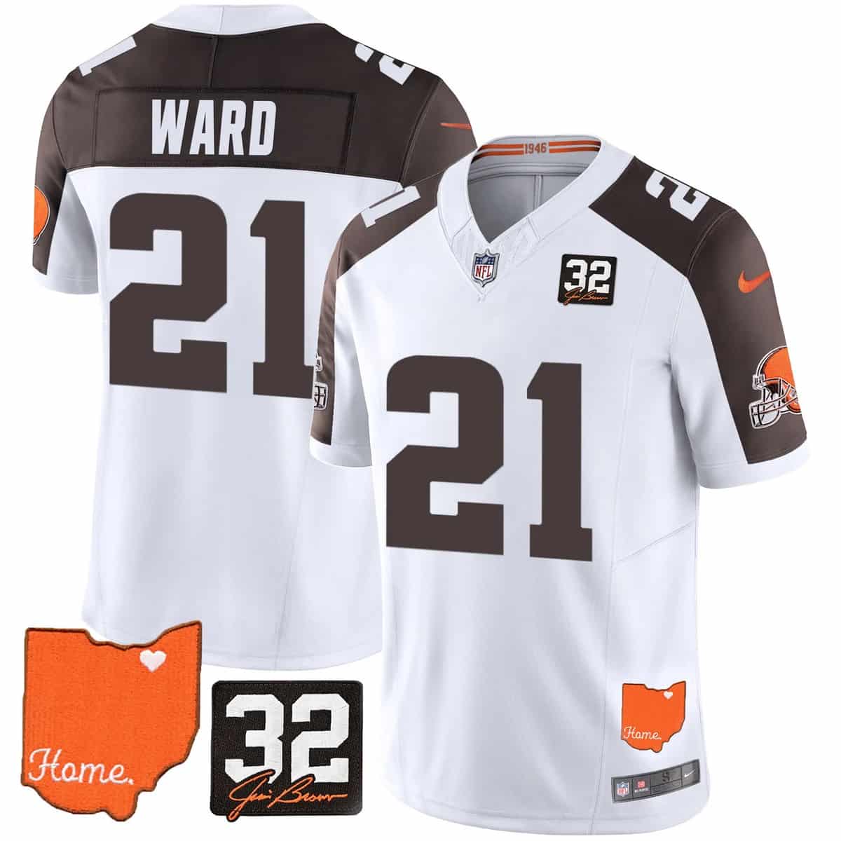 Men's Browns #32 Jim Brown Memorial & Home Patch Vapor Limited Jersey - All Stitched Denzel Ward #21