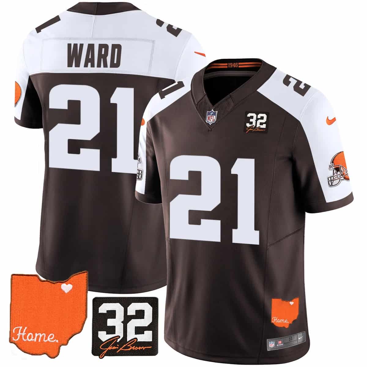 Men's Browns #32 Jim Brown Memorial & Home Patch Vapor Limited Jersey - All Stitched Denzel Ward