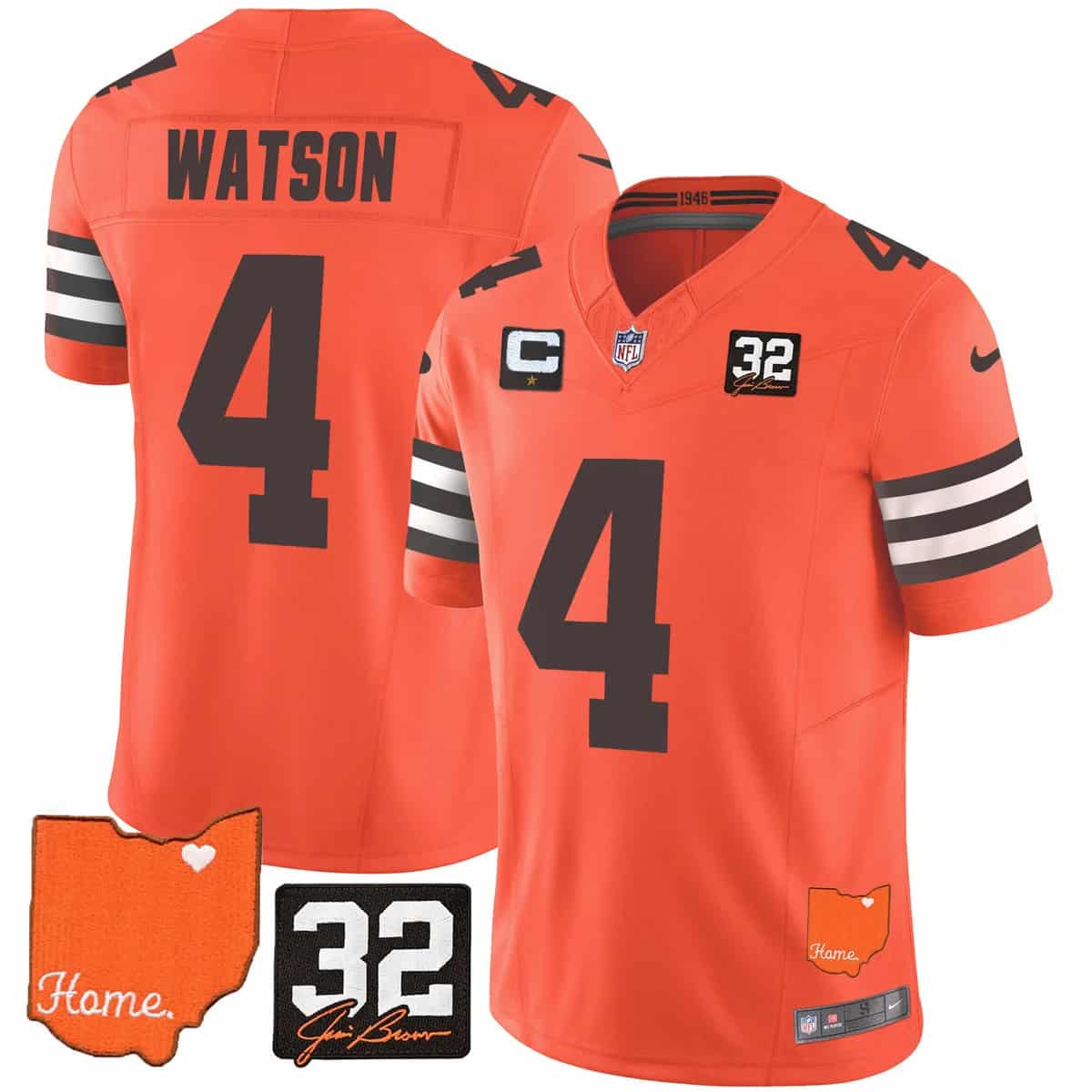 Men's Browns #32 Jim Brown Memorial & Home Patch Vapor Limited Jersey - All Stitched Deshaun Watson     4