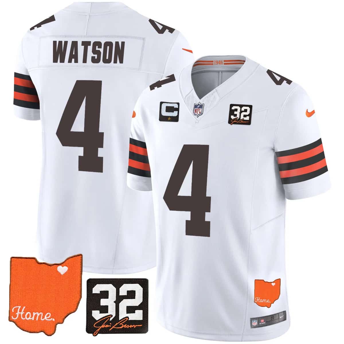Men's Browns #32 Jim Brown Memorial & Home Patch Vapor Limited Jersey - All Stitched Deshaun Watson   4