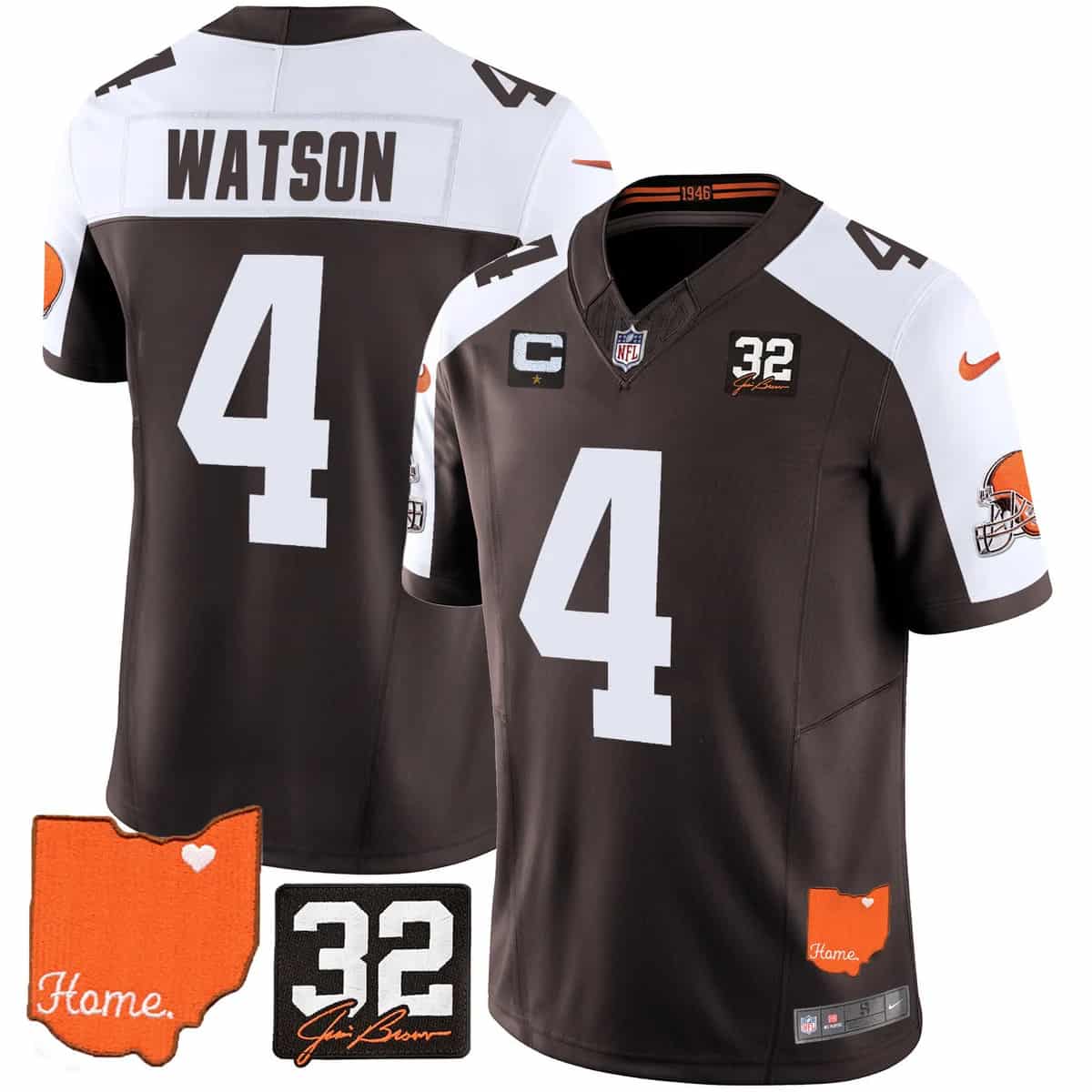 Men's Browns #32 Jim Brown Memorial & Home Patch Vapor Limited Jersey - All Stitched Deshaun Watson