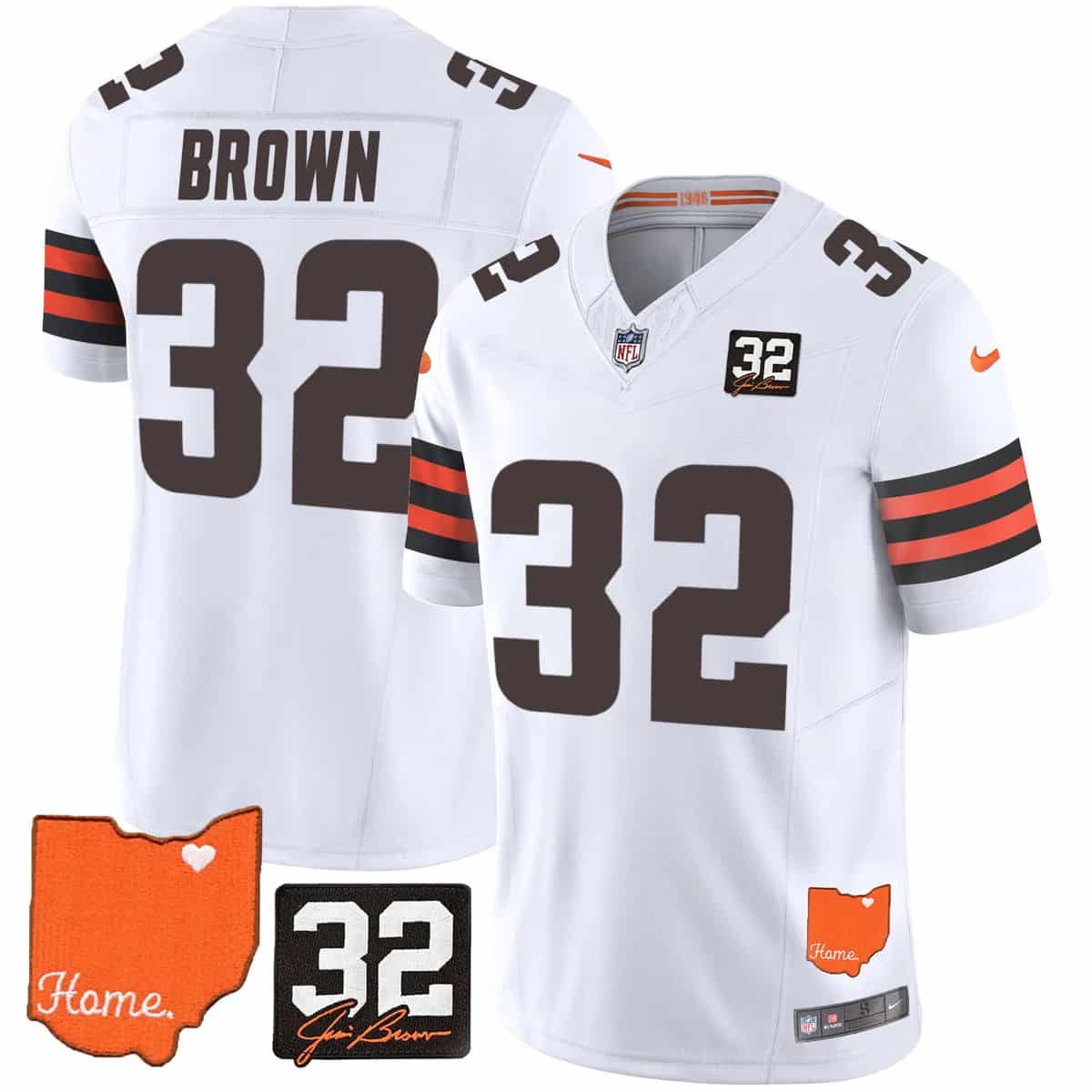 Men's Browns #32 Jim Brown Memorial & Home Patch Vapor Limited Jersey - All Stitched Jim Brown   32