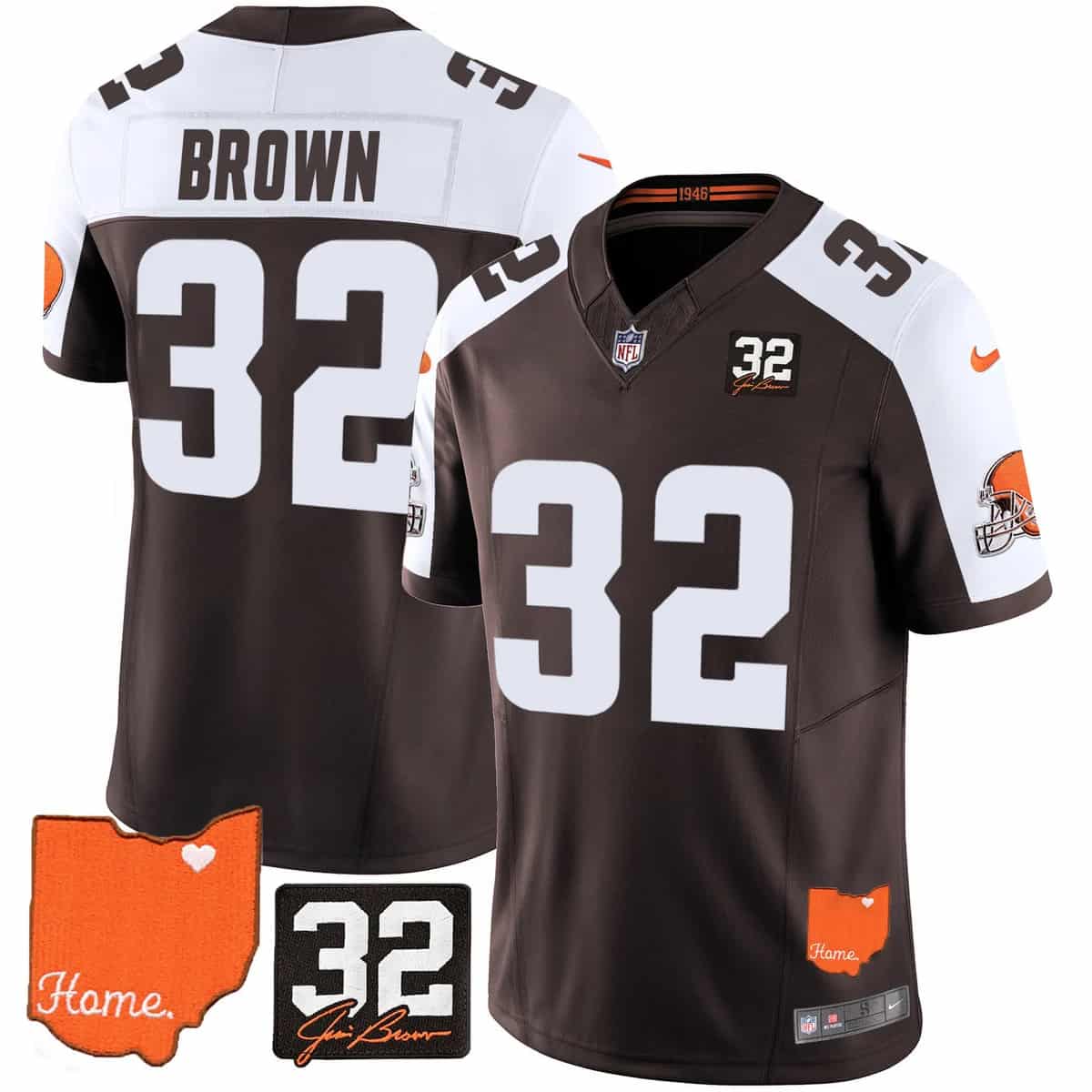 Men's Browns #32 Jim Brown Memorial & Home Patch Vapor Limited Jersey - All Stitched Jim Brown