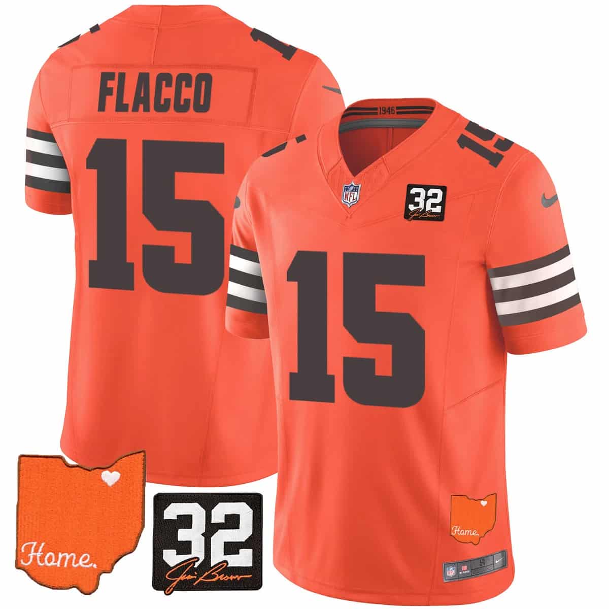 Men's Browns #32 Jim Brown Memorial & Home Patch Vapor Limited Jersey - All Stitched Joe Flacco     15