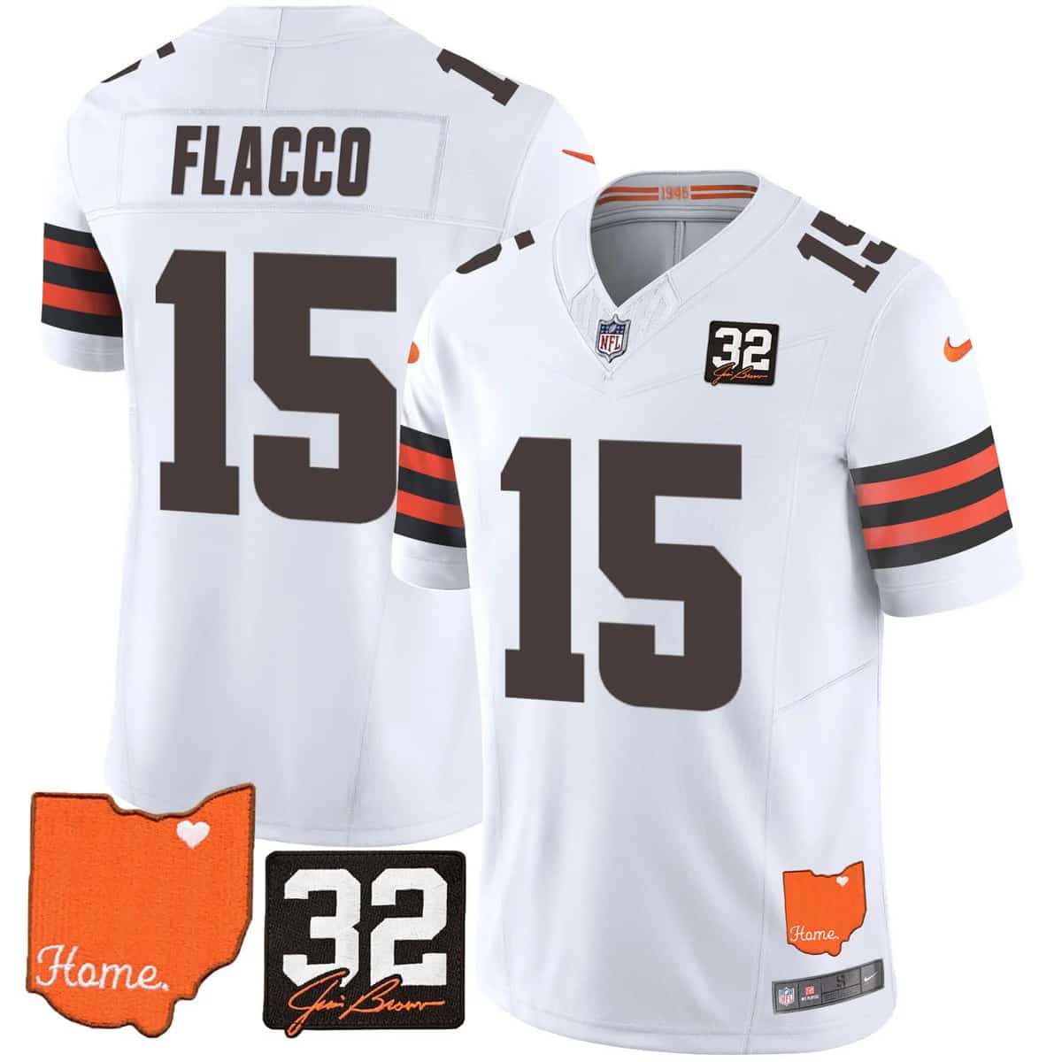 Men's Browns #32 Jim Brown Memorial & Home Patch Vapor Limited Jersey - All Stitched Joe Flacco    15