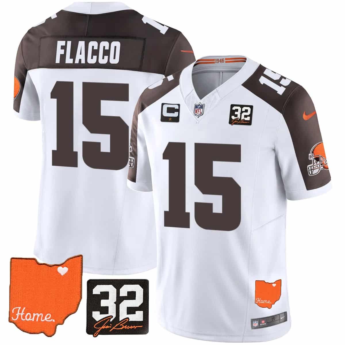 Men's Browns #32 Jim Brown Memorial & Home Patch Vapor Limited Jersey - All Stitched Joe Flacco #15